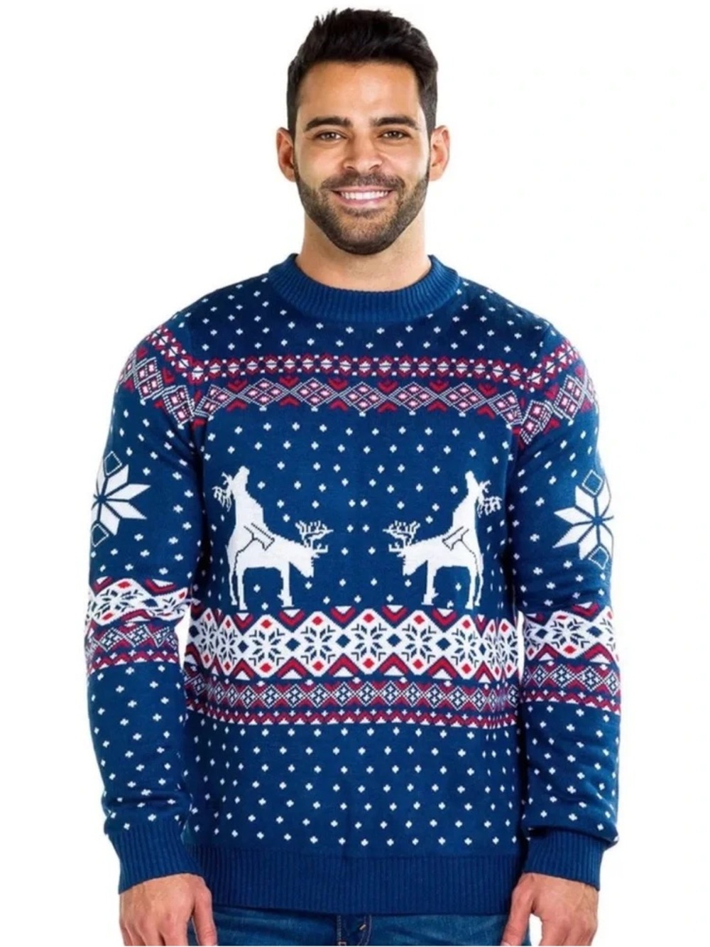 Tipsy Elves Mens L Reindeer Ugly Christmas Sweater Red, Blue and White